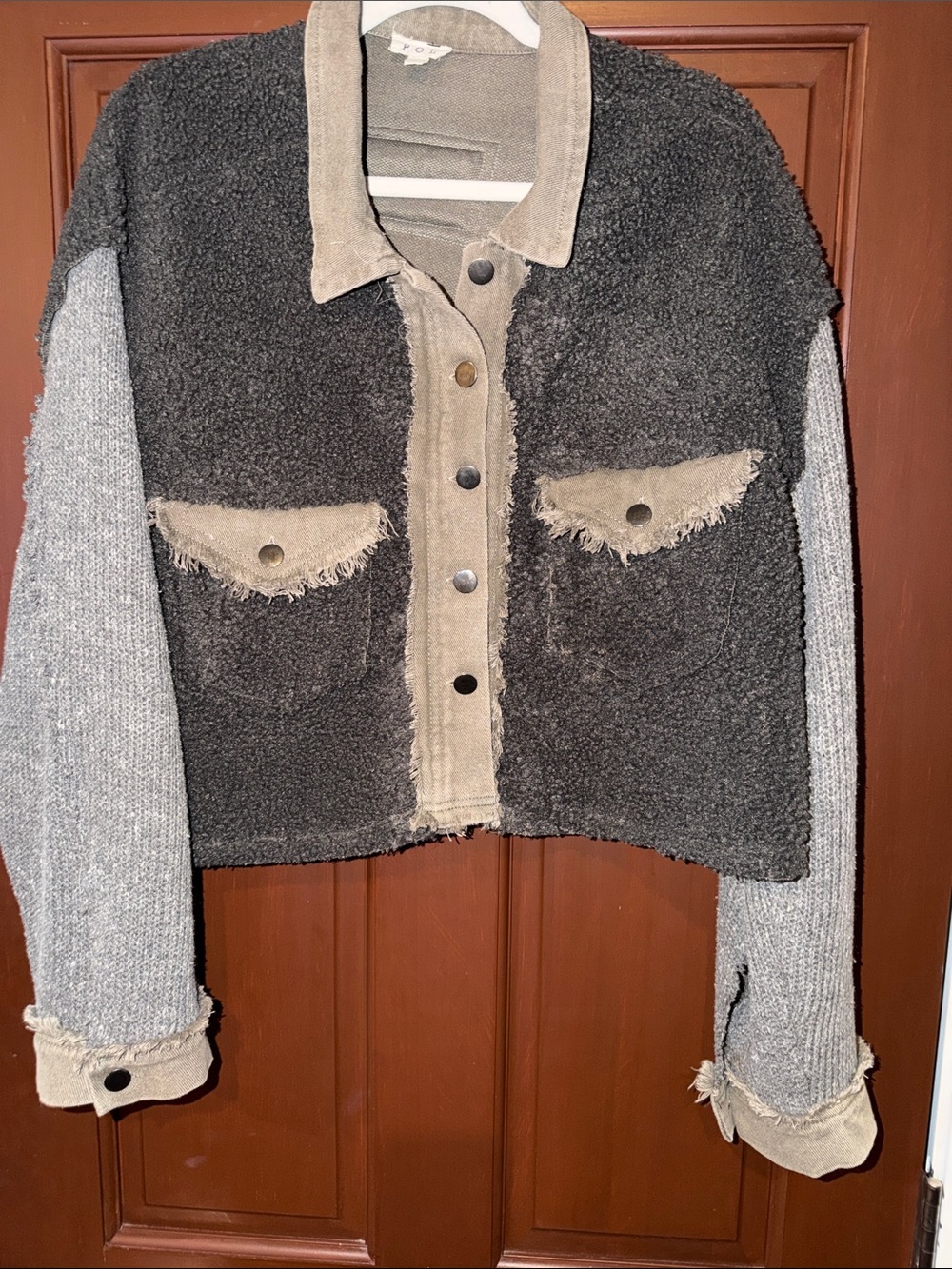POL Mixed-Media Teddy Sherpa Jacket in Charcoal, Taupe & Light Gray